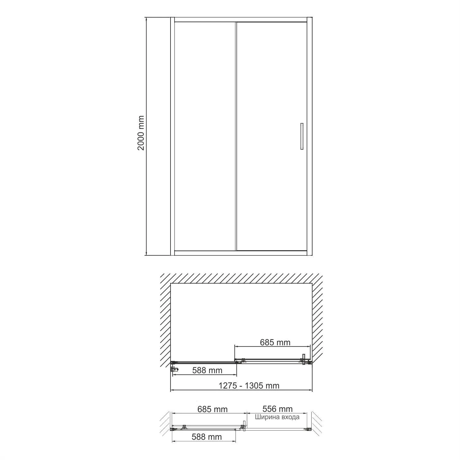 Габаритная схема Душевая дверь в нишу Wasserkraft Main 41S30 130 см