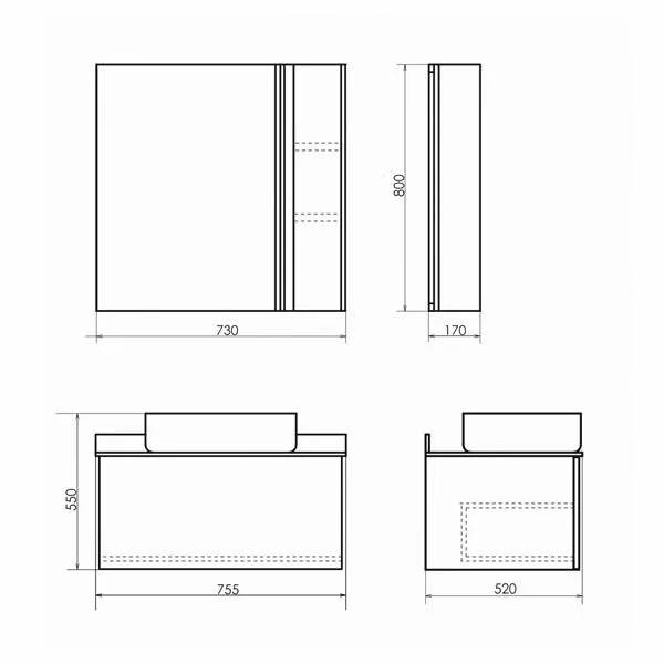 Габаритная схема Тумба с раковиной Comforty Эдинбург 75 бетон светлый