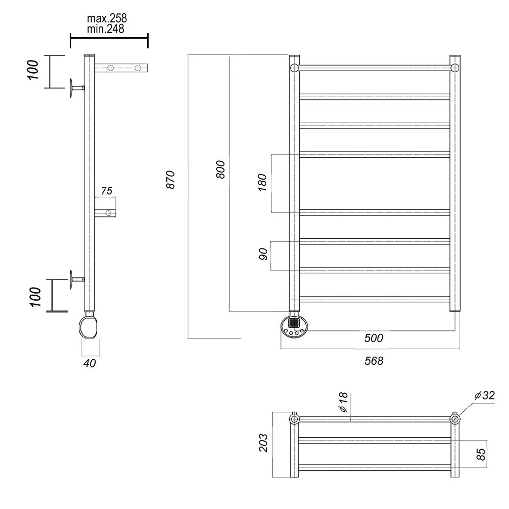 Габаритная схема Полотенцесушитель электрический Domoterm Медея 50x80 L с двумя полками
