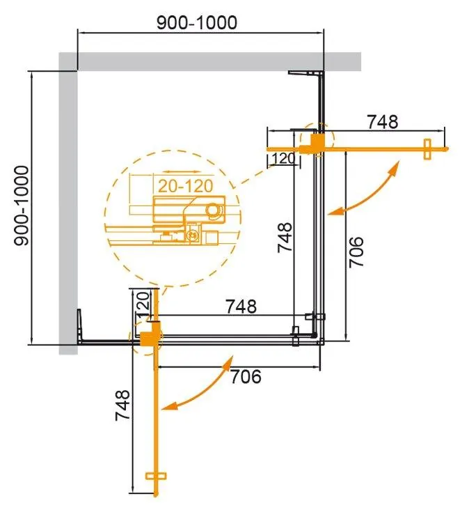 Габаритная схема Душевой уголок Cezares Slider A-2-90/100-BR-NERO
