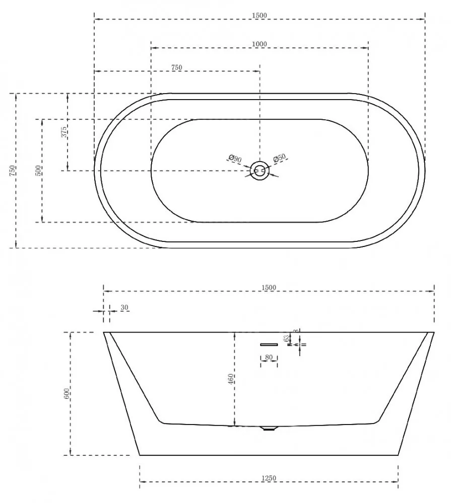 Габаритная схема Акриловая ванна Abber AB9320-1.5 150x75