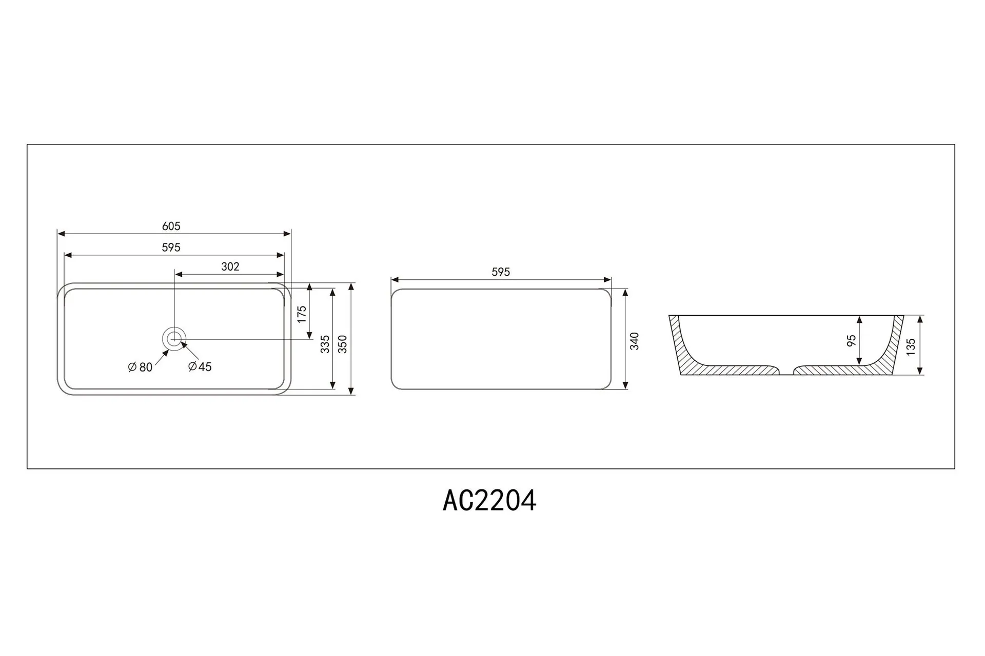 Габаритная схема Раковина Abber Rechteck AC2204MBG 60 см