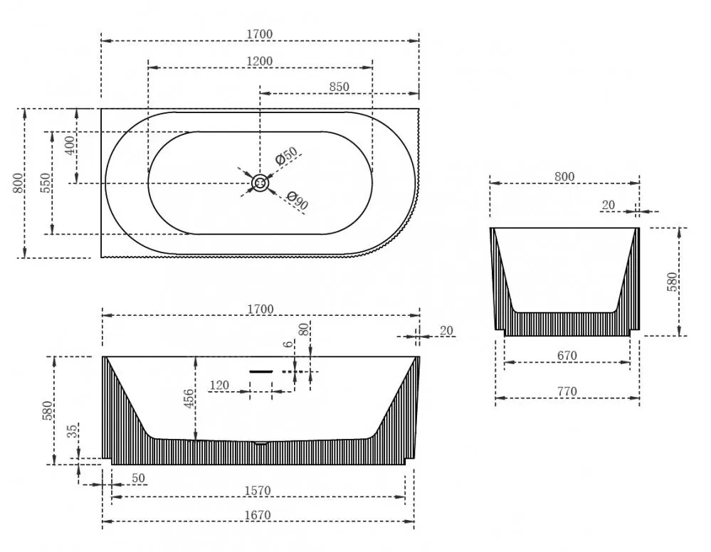 Габаритная схема Акриловая ванна Abber AB9329-1.7MB L 170x80