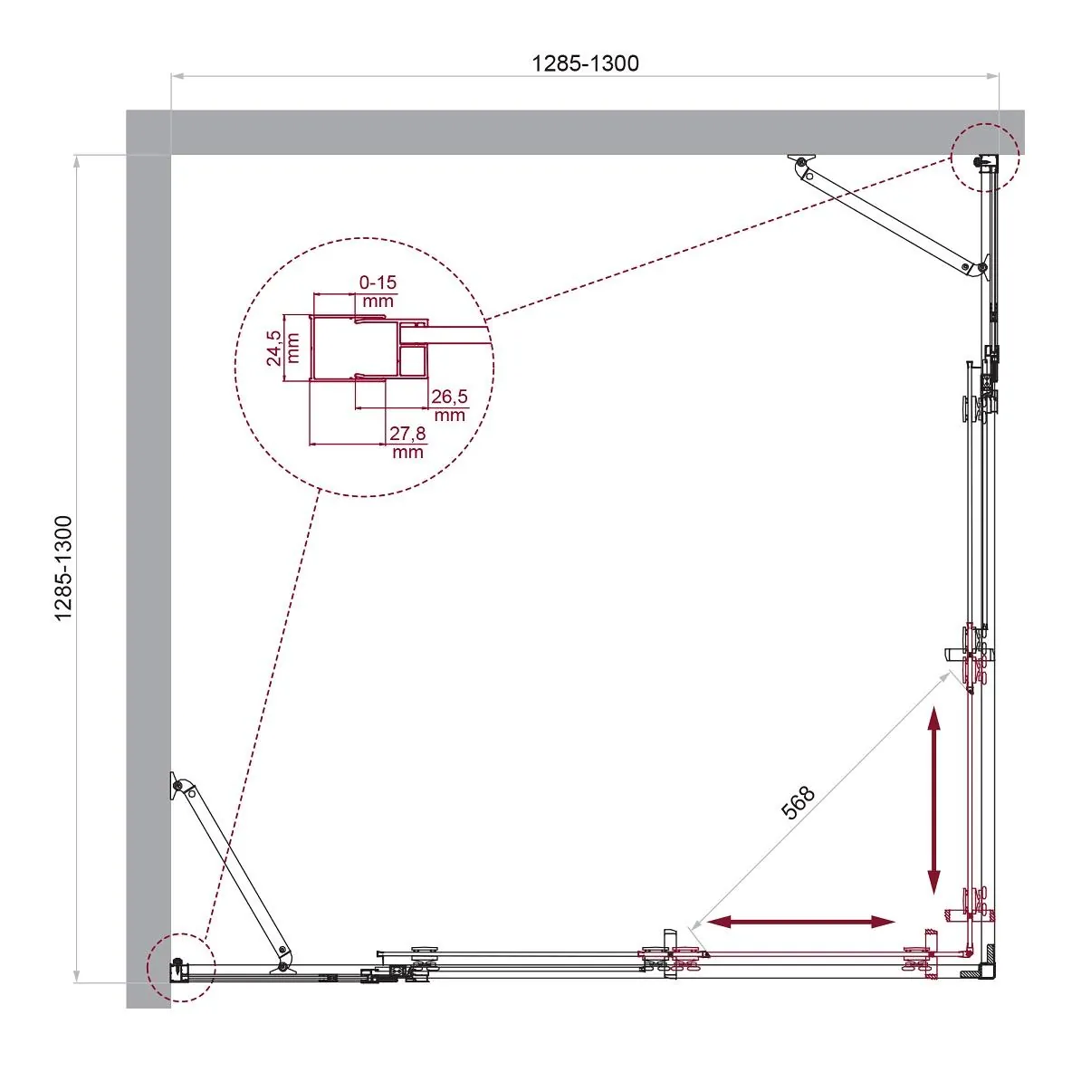 Габаритная схема Душевой уголок BelBagno Luce A-22-100+30-C-Cr