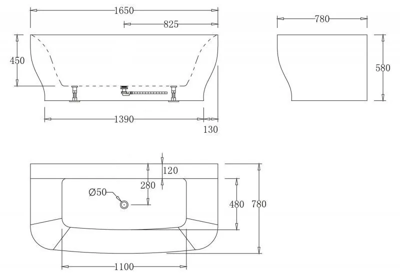 Габаритная схема Акриловая ванна BelBagno BB74-1650-W0 165х78