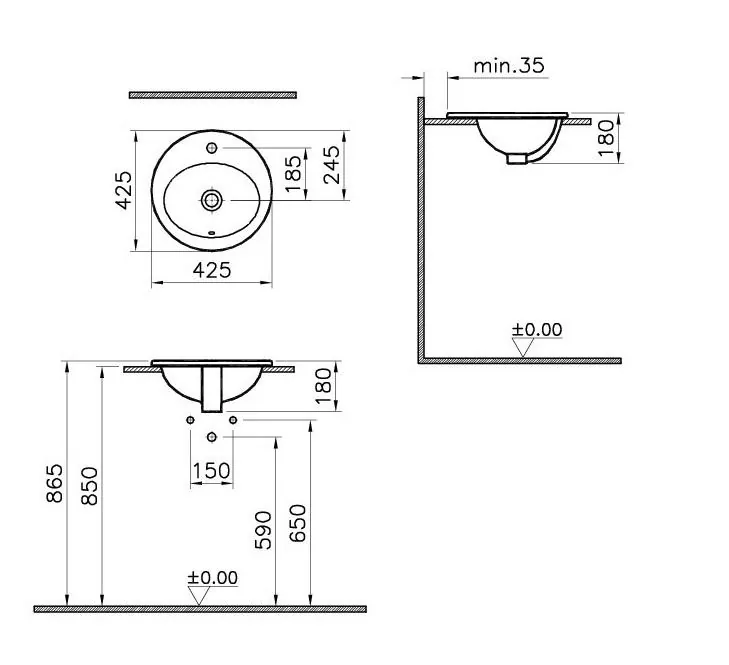 Габаритная схема Раковина Vitra S20 5466B003-0001 40 см