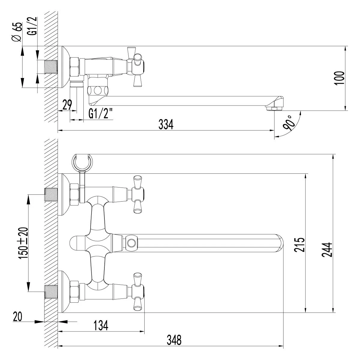 Габаритная схема Смеситель Lemark Contour LM7451C для ванны с душем