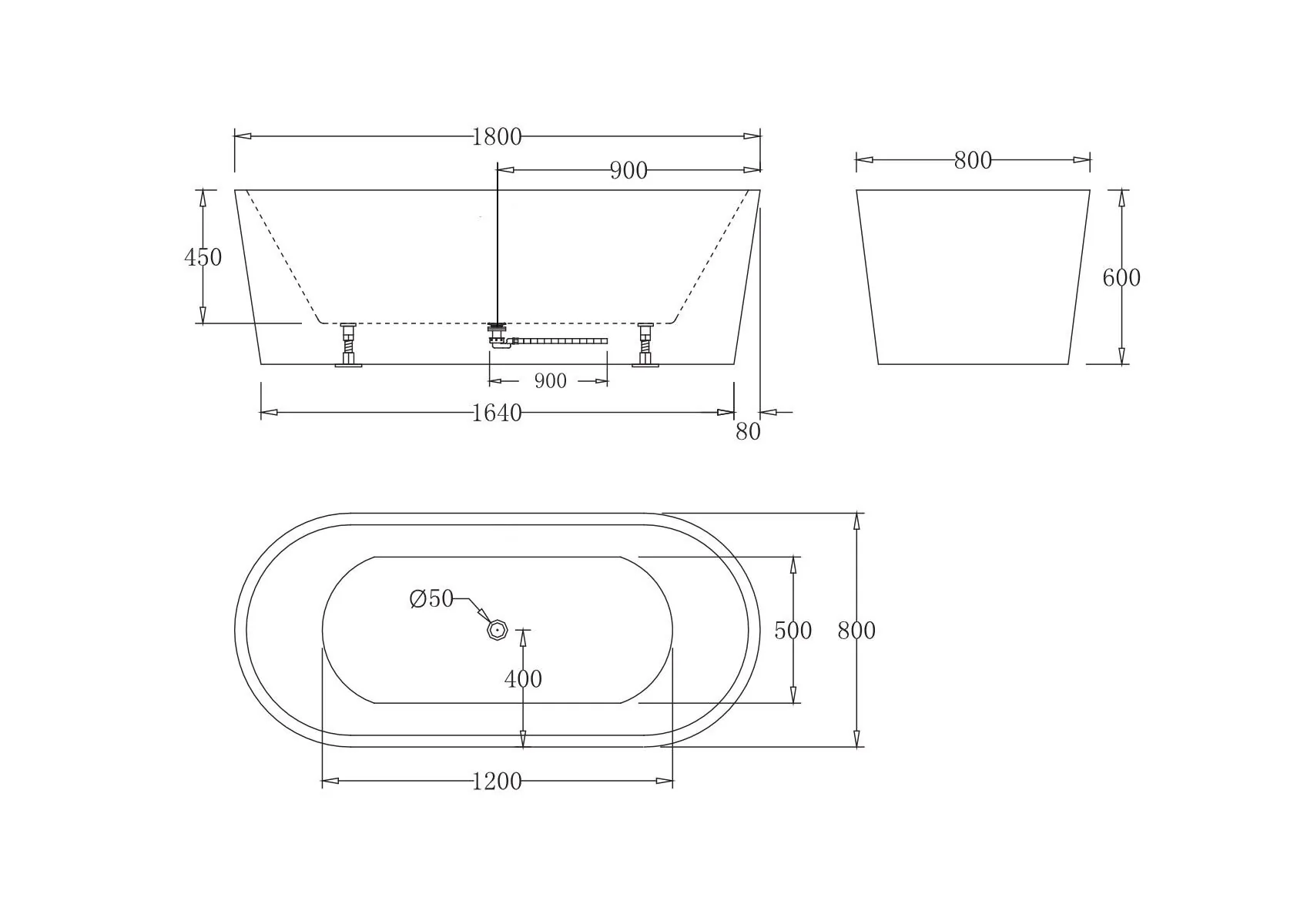 Габаритная схема Акриловая ванна BelBagno BB71-1800-W0 180х80