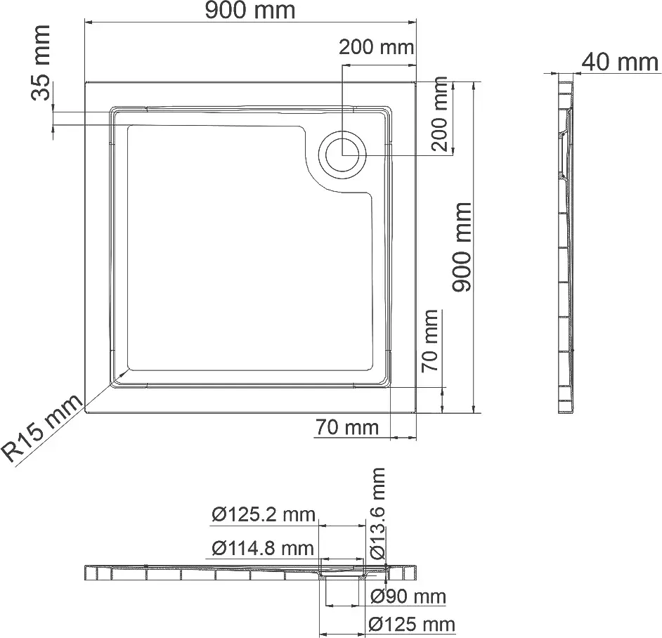 Габаритная схема Поддон для душа Wasserkraft Salm 27T03 90х90 см