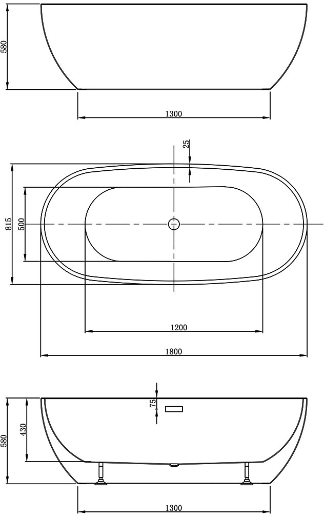 Габаритная схема Акриловая ванна Vincea VBT-408-1800 180x81,5