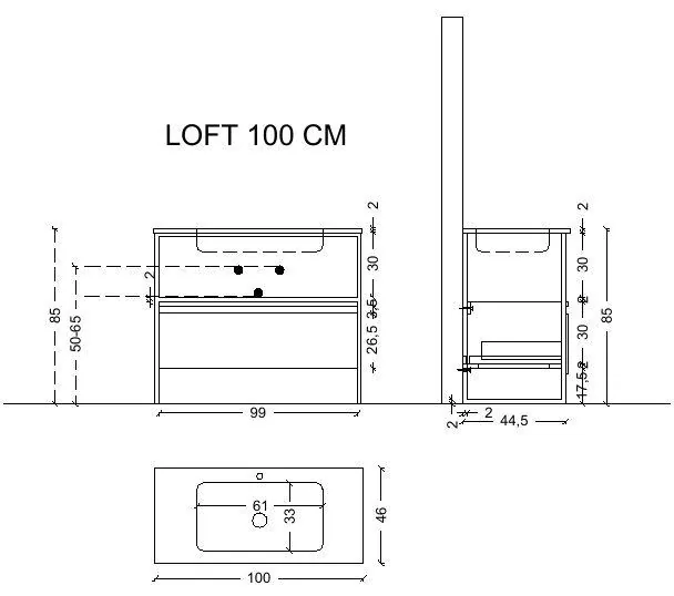 Габаритная схема Каркас под раковину Armadi Art Loft 100