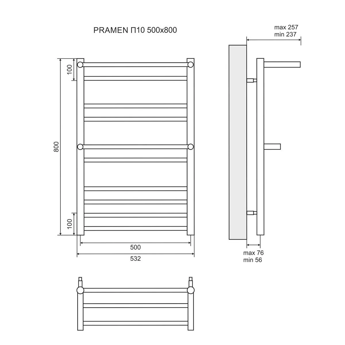 Габаритная схема Полотенцесушитель водяной Lemark Pramen П10 50x80