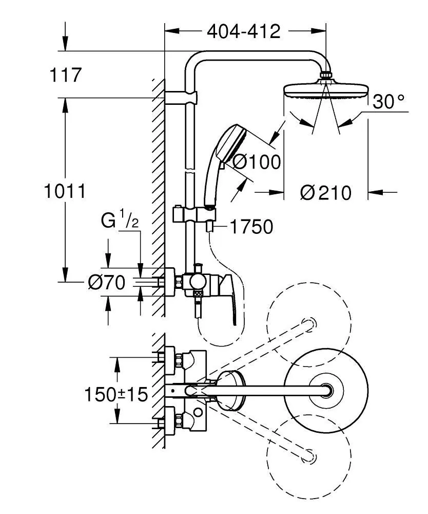 Габаритная схема Душевая стойка Grohe Tempesta Cosmopolitan System 26224001