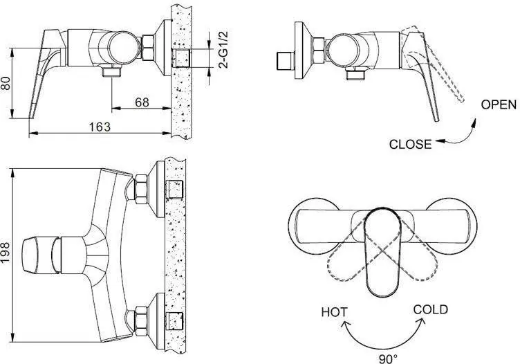 Габаритная схема Смеситель Bravat Eler F9191238CP-01-RUS для душа