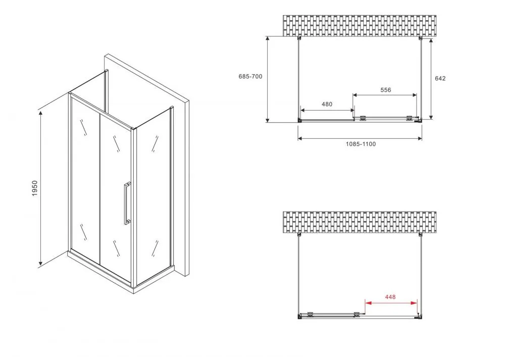 Габаритная схема Душевой уголок Abber Schwarzer Diamant AG30110BMH-S70BM-S70BM 110x70