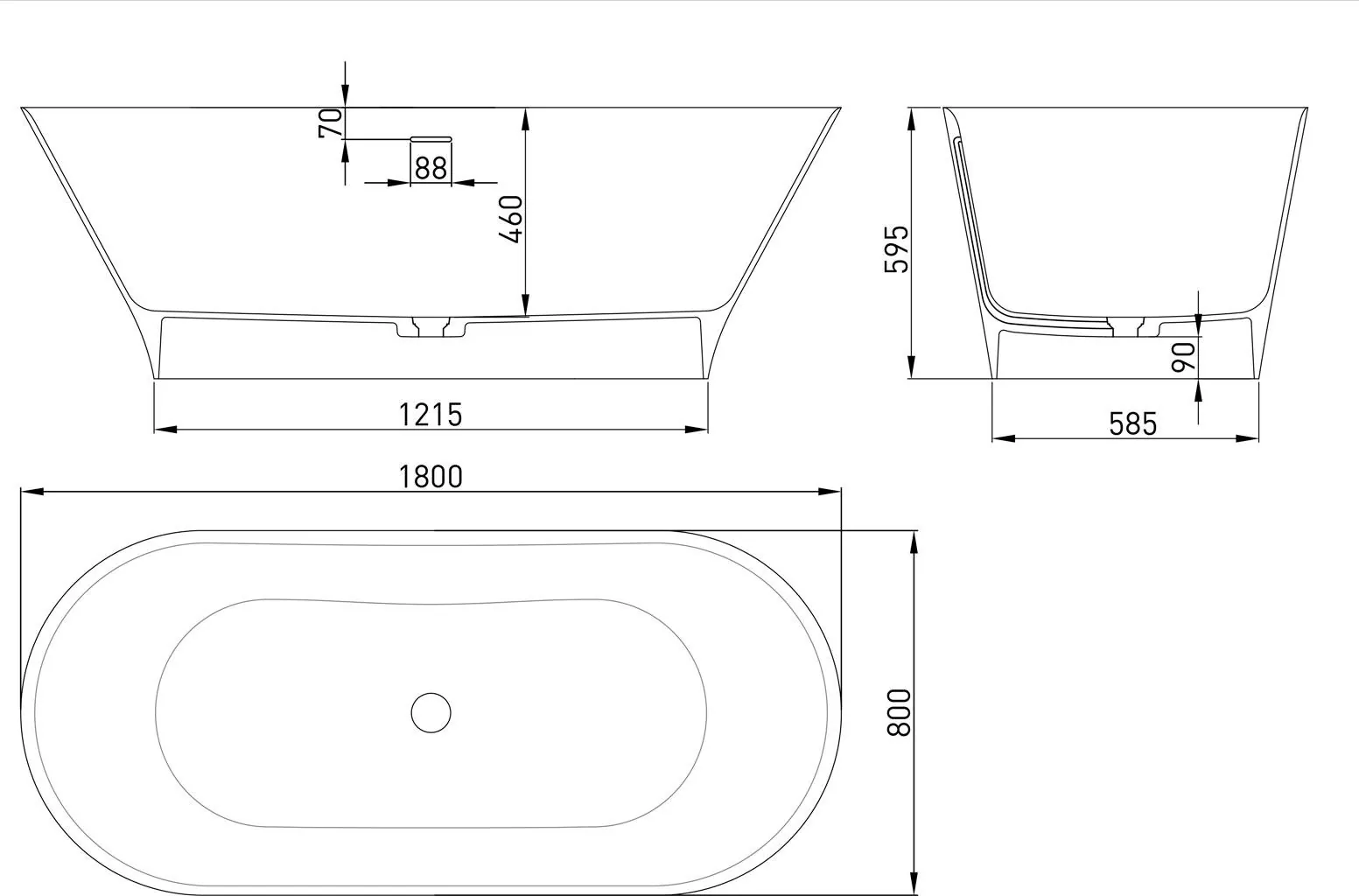 Габаритная схема Ванна из искусственного камня Salini Mona 102911G 180х80