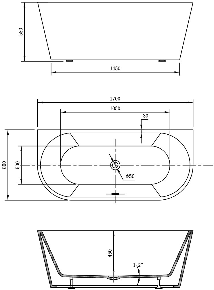 Габаритная схема Акриловая ванна Vincea VBT-421-1700 170x80