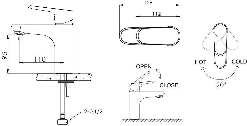 Габаритная схема Смеситель Bravat Pure F1105161C для раковины