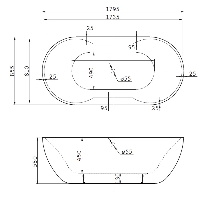 Габаритная схема Акриловая ванна BelBagno BB28 180х85