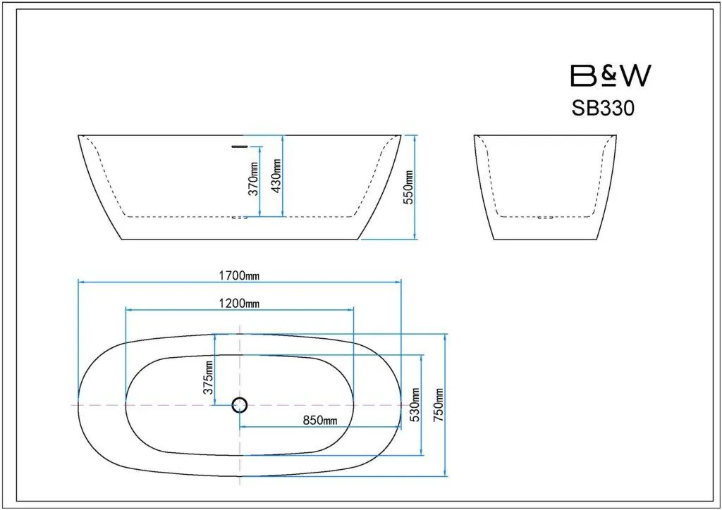 Габаритная схема Акриловая ванна Black&White Swan SB330 170x75 Grey