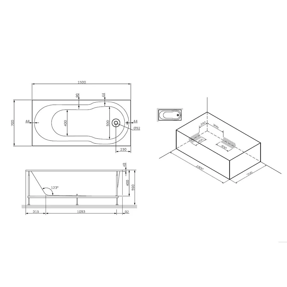 Габаритная схема Акриловая ванна AM.PM X-Joy 150х70