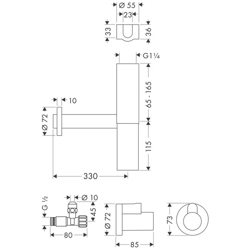 Габаритная схема Сифон для раковины Hansgrohe Flowstar 52120000