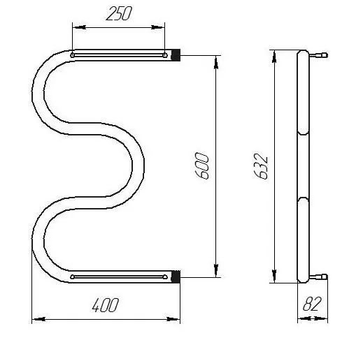 Габаритная схема Полотенцесушитель водяной ТЕРА ПСВ М-образный с полкой 40х60