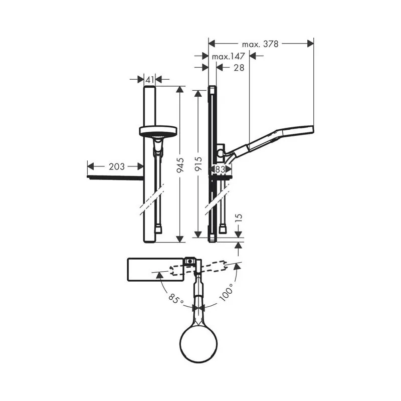 Габаритная схема Душевой гарнитур Hansgrohe Rainfinity 27671000