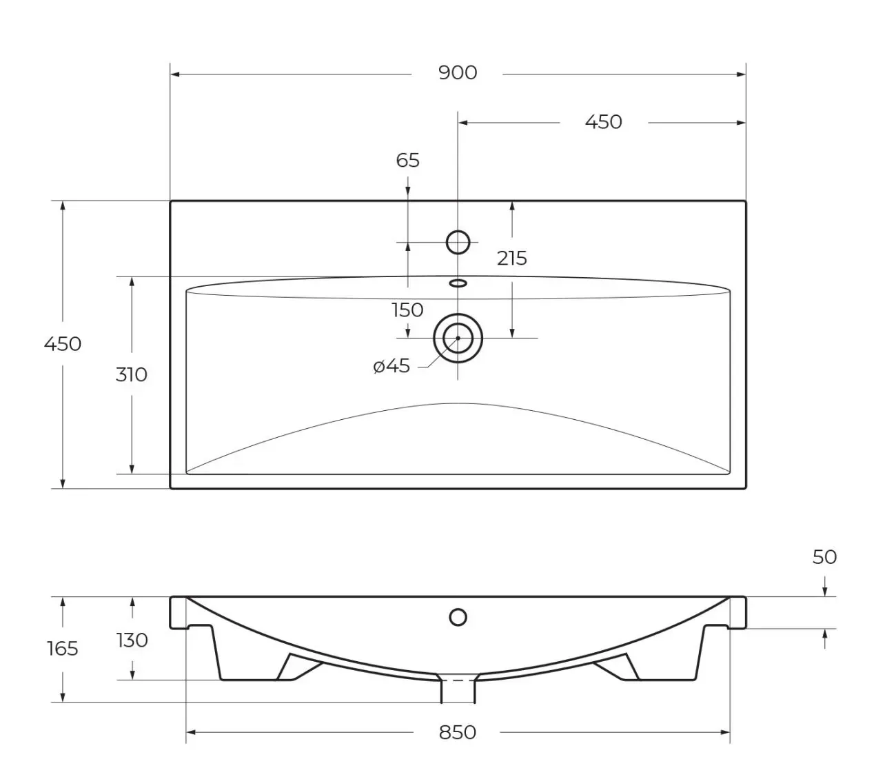 Габаритная схема Мебельная раковина BelBagno BB-0323-90-LVB 90 см