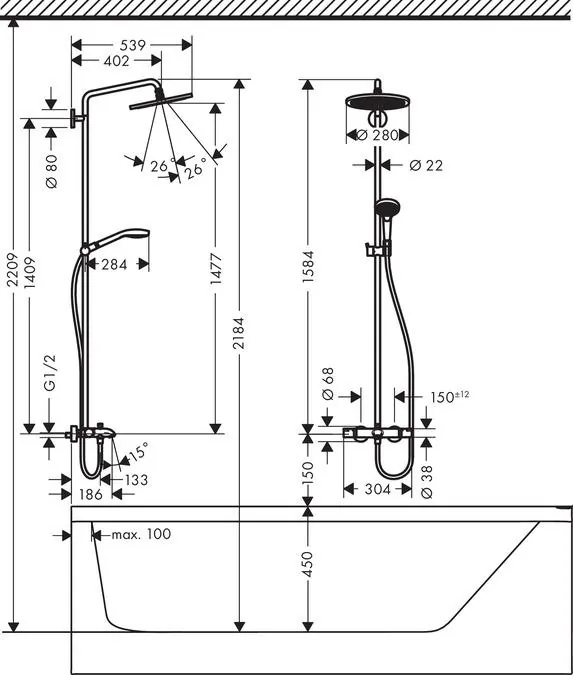 Габаритная схема Душевая стойка Hansgrohe Croma Select S 26792000