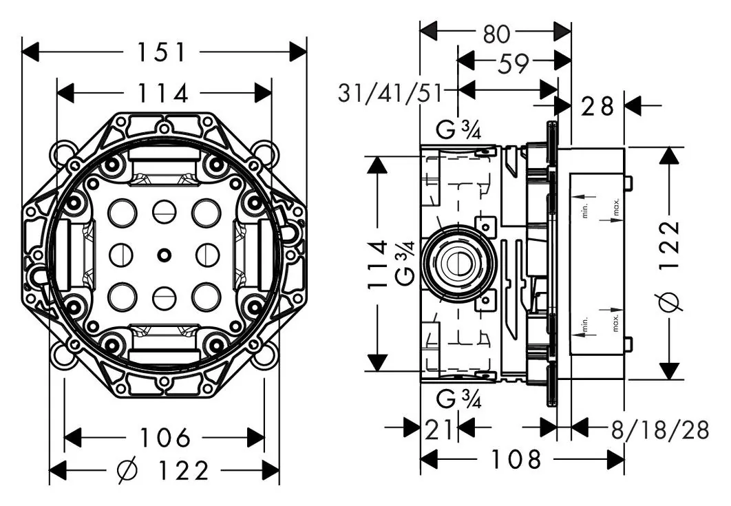 Габаритная схема Скрытая часть Hansgrohe Ibox Universal 01800180