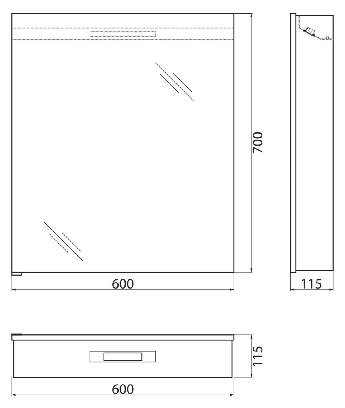 Габаритная схема Зеркало-шкаф BelBagno SPC-1A-DL-BL-600