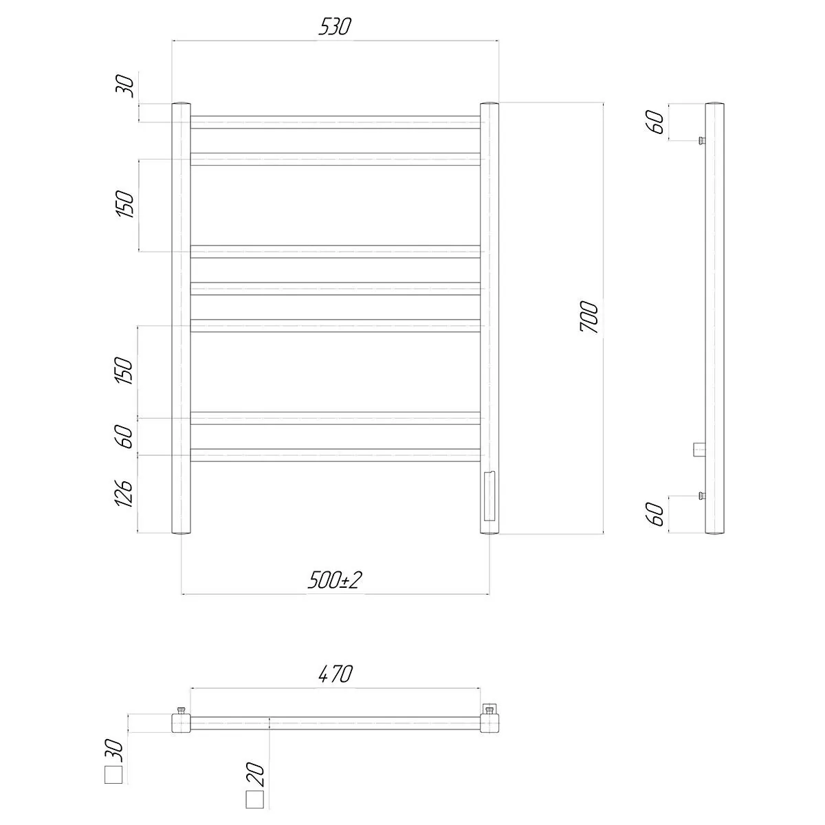 Габаритная схема Полотенцесушитель электрический Lemark Unit П7 50x70