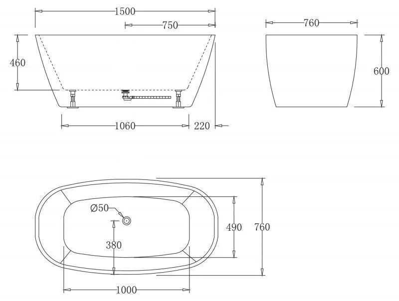 Габаритная схема Акриловая ванна BelBagno BB72-1500-W0 150х76
