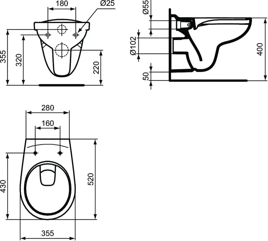 Габаритная схема Унитаз подвесной Ideal Standard Eurovit K881201