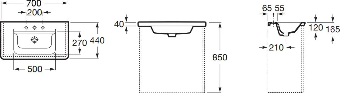 Габаритная схема Мебельная раковина Roca The Gap Unik 70x44 327471000