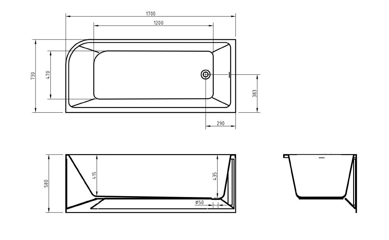 Габаритная схема Акриловая ванна BelBagno BB712-1700-730-L 170x75