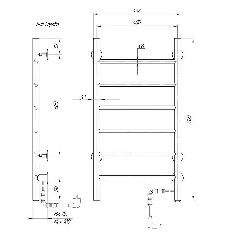 Габаритная схема Полотенцесушитель электрический Domoterm Аврора 40x80 R