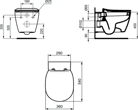 Габаритная схема Комплект Ideal Standard Connect AquaBlade E211601 (подвесной унитаз + инсталляция + сиденье)