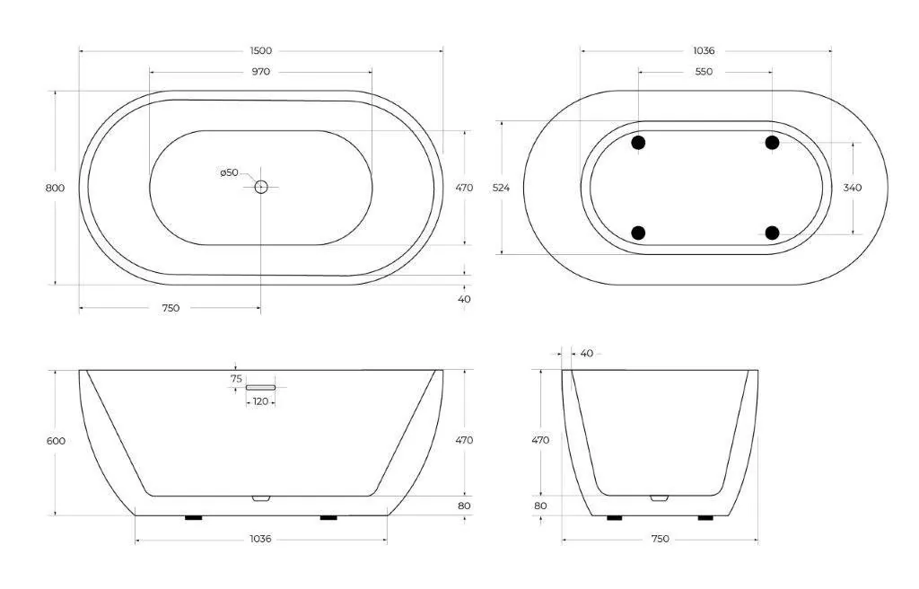 Габаритная схема Акриловая ванна BelBagno BB70-1500-800 150х80