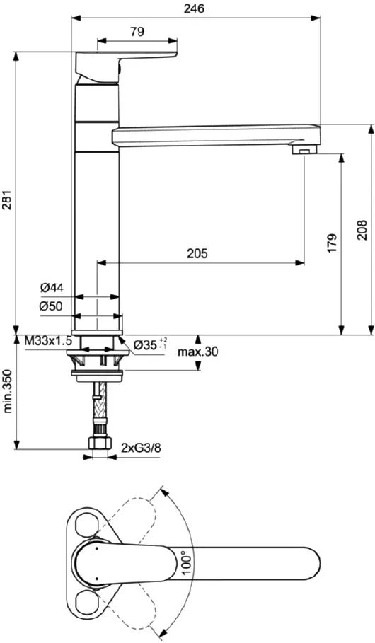 Габаритная схема Смеситель Ideal Standard Cerafine O BC501AA для кухонной мойки