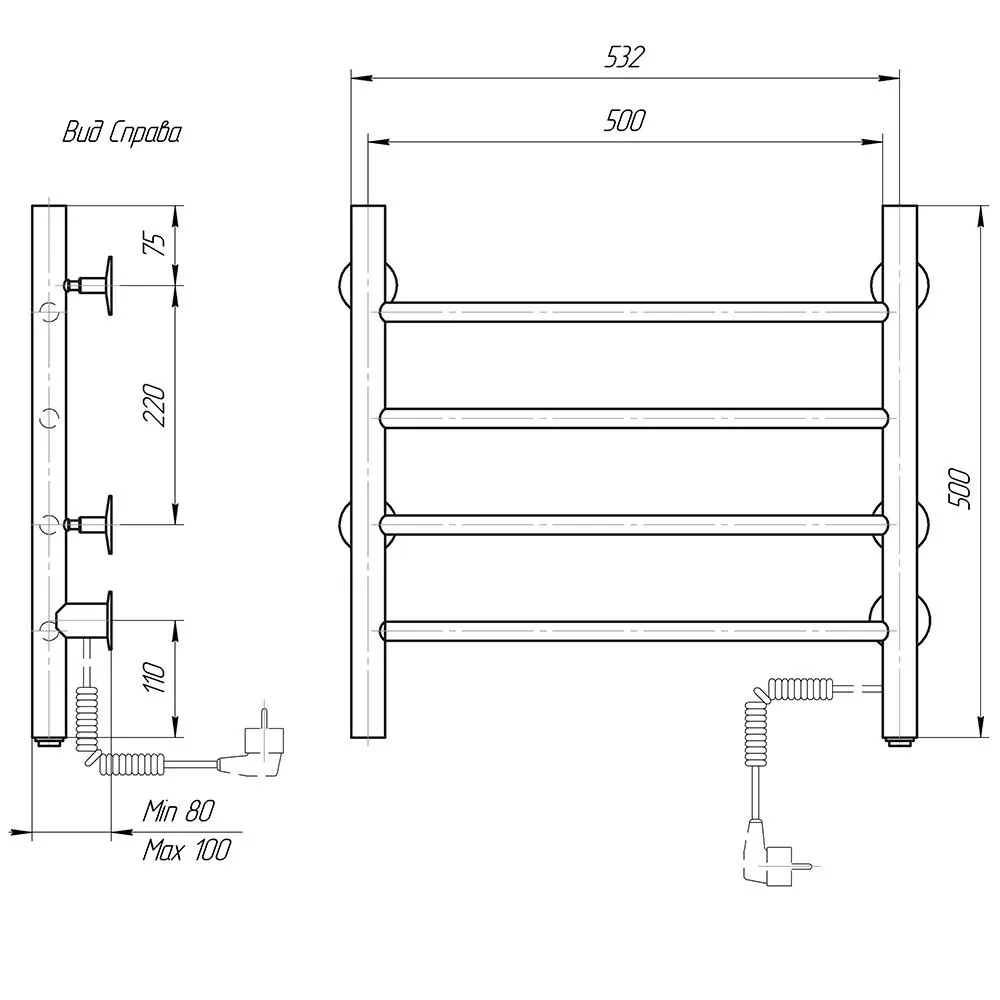 Габаритная схема Полотенцесушитель электрический Domoterm Аврора 50x50 R