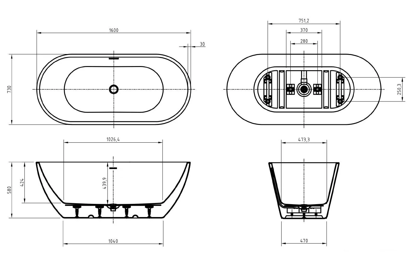 Габаритная схема Акриловая ванна BelBagno Uno BB701-1600-730-K 160x70