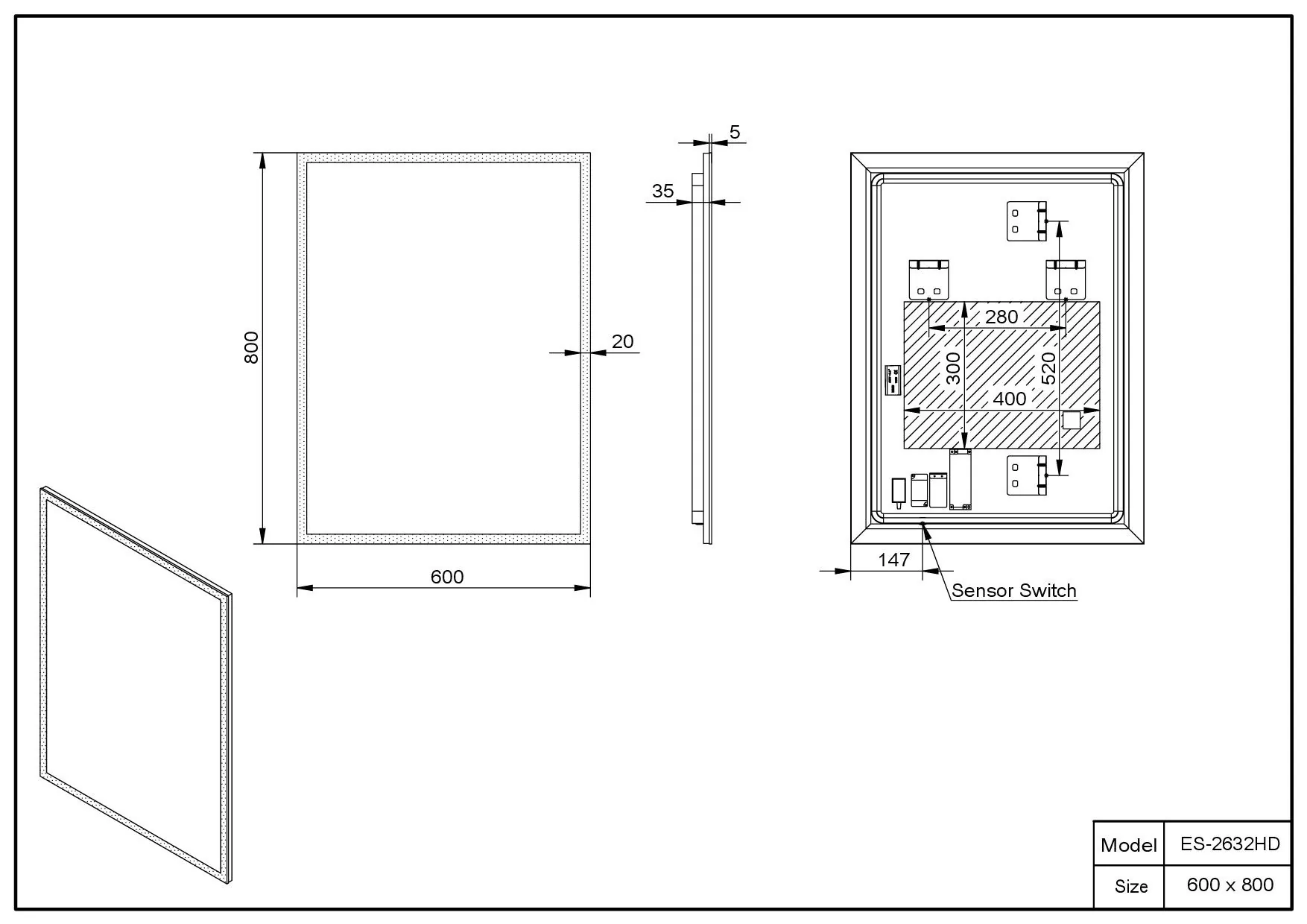 Габаритная схема Зеркало Esbano ES-2632 HD