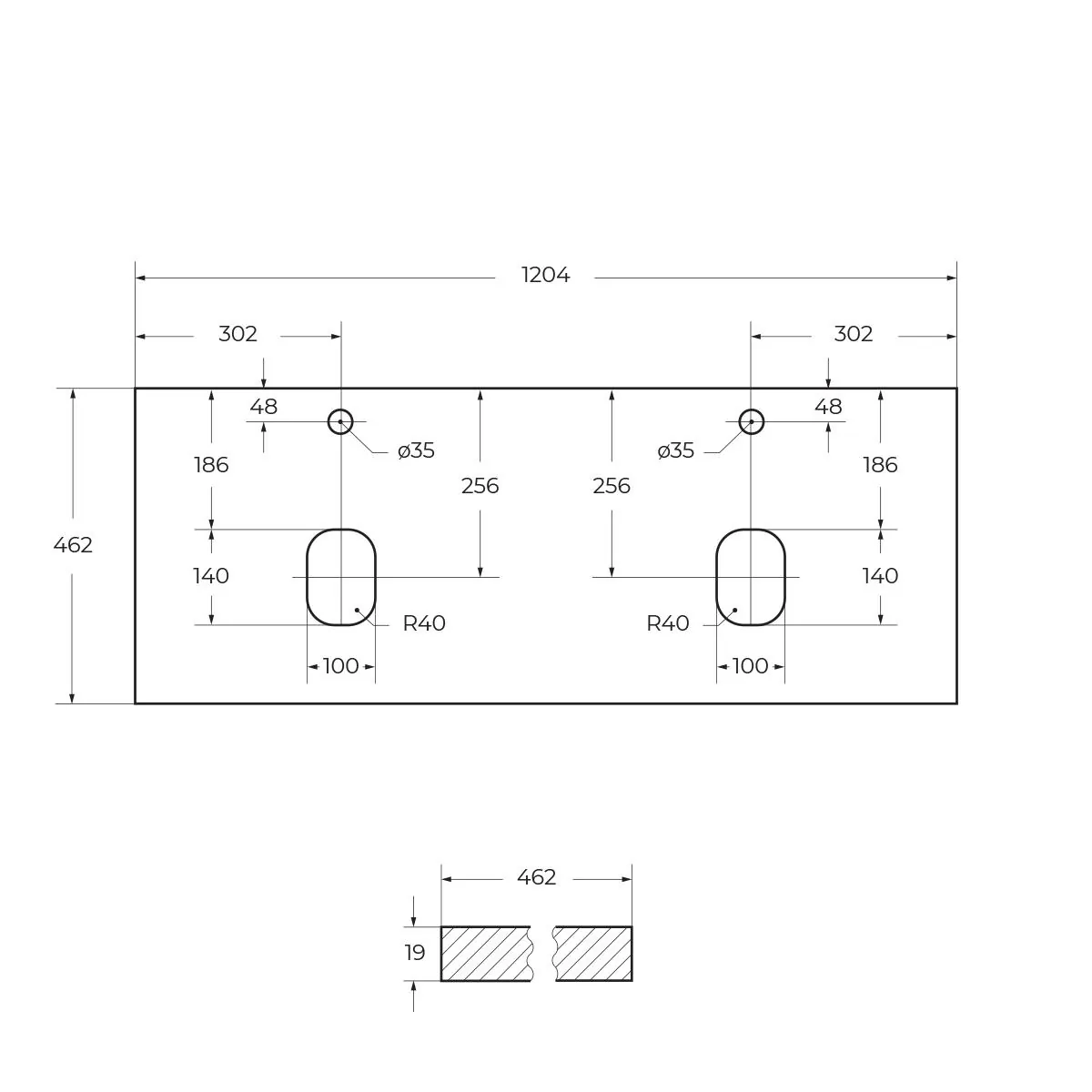 Габаритная схема Столешница BelBagno EK-120-2-BL Bianco Lucido