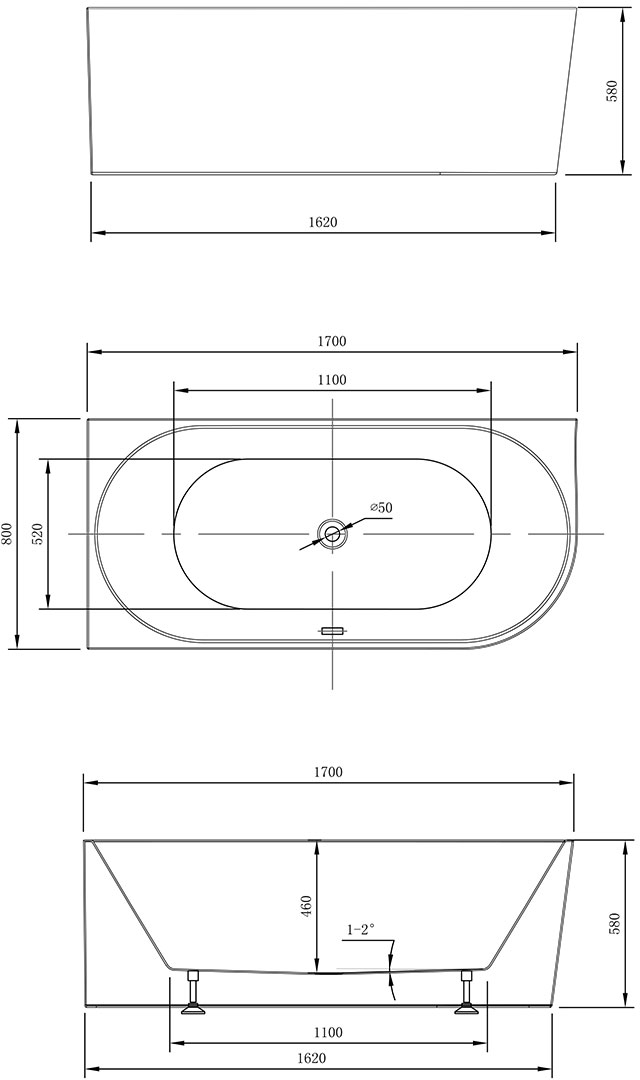 Габаритная схема Акриловая ванна Vincea VBT-402-1700L 170x80