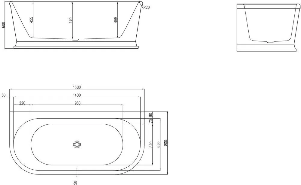 Габаритная схема Акриловая ванна BelBagno BB408-1500-800 150х80