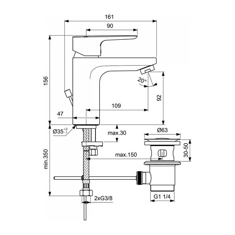 Габаритная схема Смеситель Ideal Standard Ceraplan III BC560AA для раковины