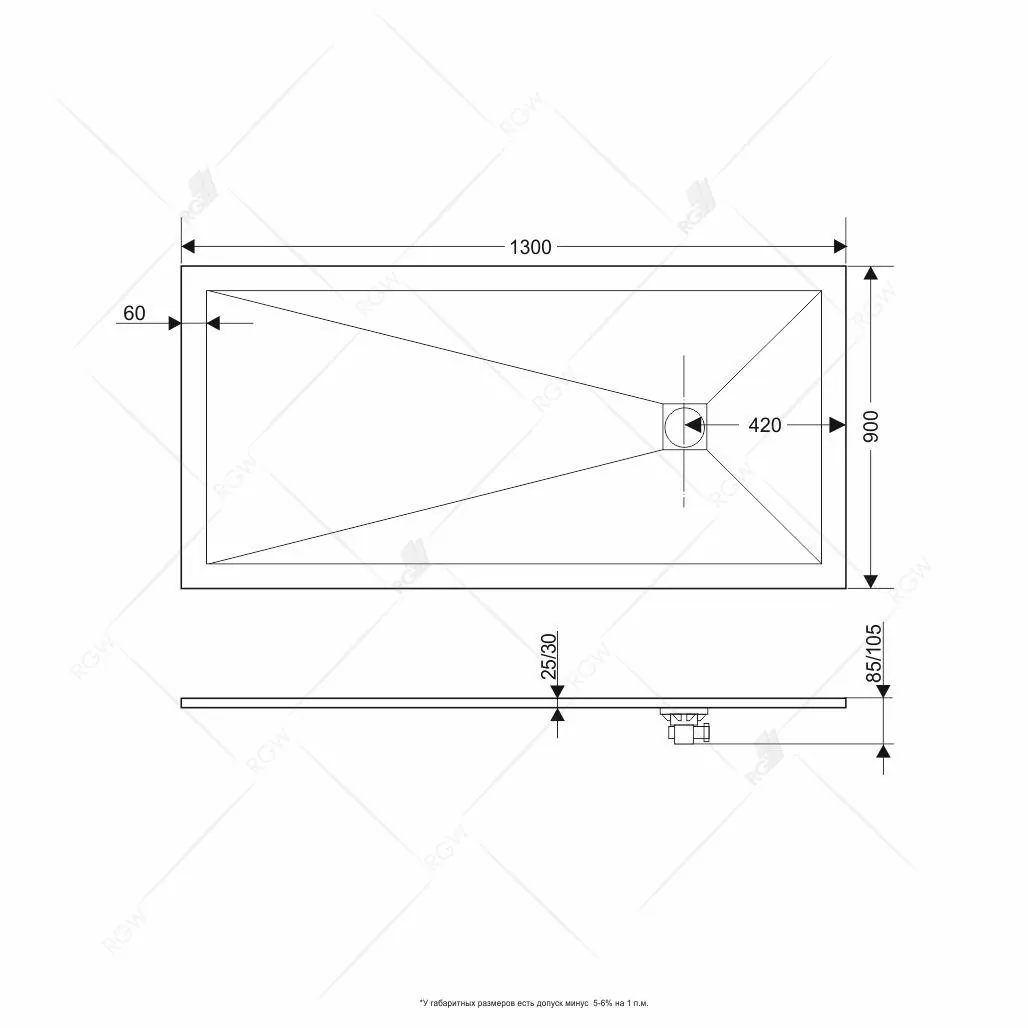 Габаритная схема Поддон для душа RGW Stone Tray ST-W 130х90
