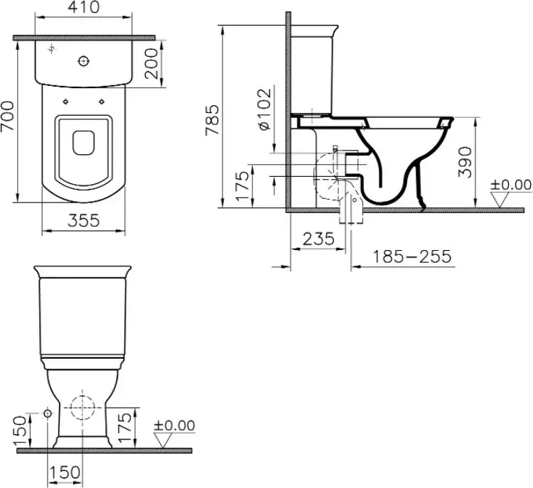 Габаритная схема Унитаз-компакт Vitra Serenada 9722B003-7205 с функцией биде